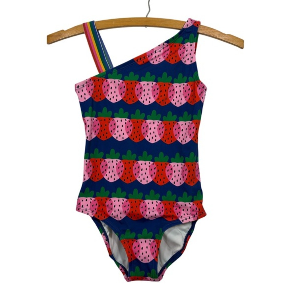 Hanna Andersson Kids Strawberry One Shoulder Swimsuit Blue Rainbow 6-7